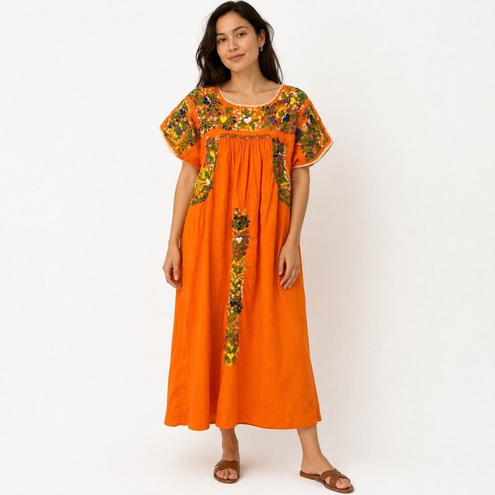 Vintage Mexican Hand Embroidered Floral Maxi Dress M Orange Day of the Dead